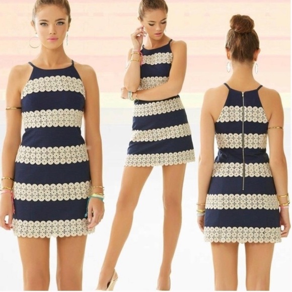 Lilly Pulitzer Annabelle True Navy/Metallic Gold Lace Stripe Shift Dress 4 - Picture 12 of 15